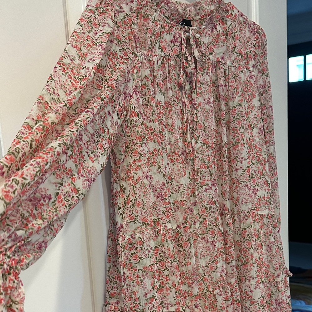 VICI MEDIUM Pink Floral Long Sleeve Tiered Mini Dress - Picture 6 of 8
